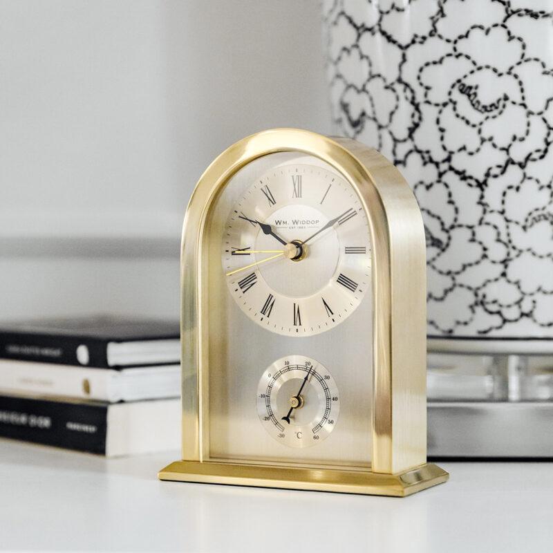 ZEGAR STOJĄCY złoty metalowy z termometrem klasyczny subtelny ZEGAR STOJĄCY złoty metalowy z termometrem klasyczny subtelny dokładny