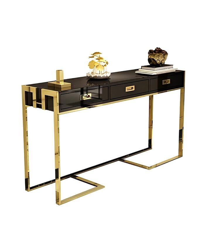 KONSOLA-NA-ZŁOTYM-STELAŻU-CZARNY-POŁYSKUJĄCY-LAKIER-Z-TRZEMA-SZUFLADAMI KONSOLA-NA-ZŁOTYCH-NOGACH-Z-TRZEMA-SZUFLADAMI-POŁYSKUJĄCY-CZARNY-LAKIER-DO-SALONU