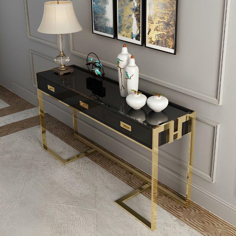 KONSOLA-NA-ZŁOTYM-STELAŻU-Z-TRZEMA-SZUFLADAMI-DO-SALONU