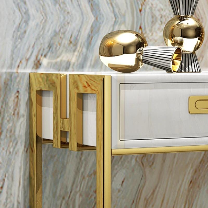 KONSOLA-ZE-ZŁOTYMI-ELEMENTAMI-BIAŁY-POŁYSK-Z-SZUFLADAMI KONSOLA-BIAŁA-NA-ZŁOTYM-STELARZU-Z-SZUFLADAMI