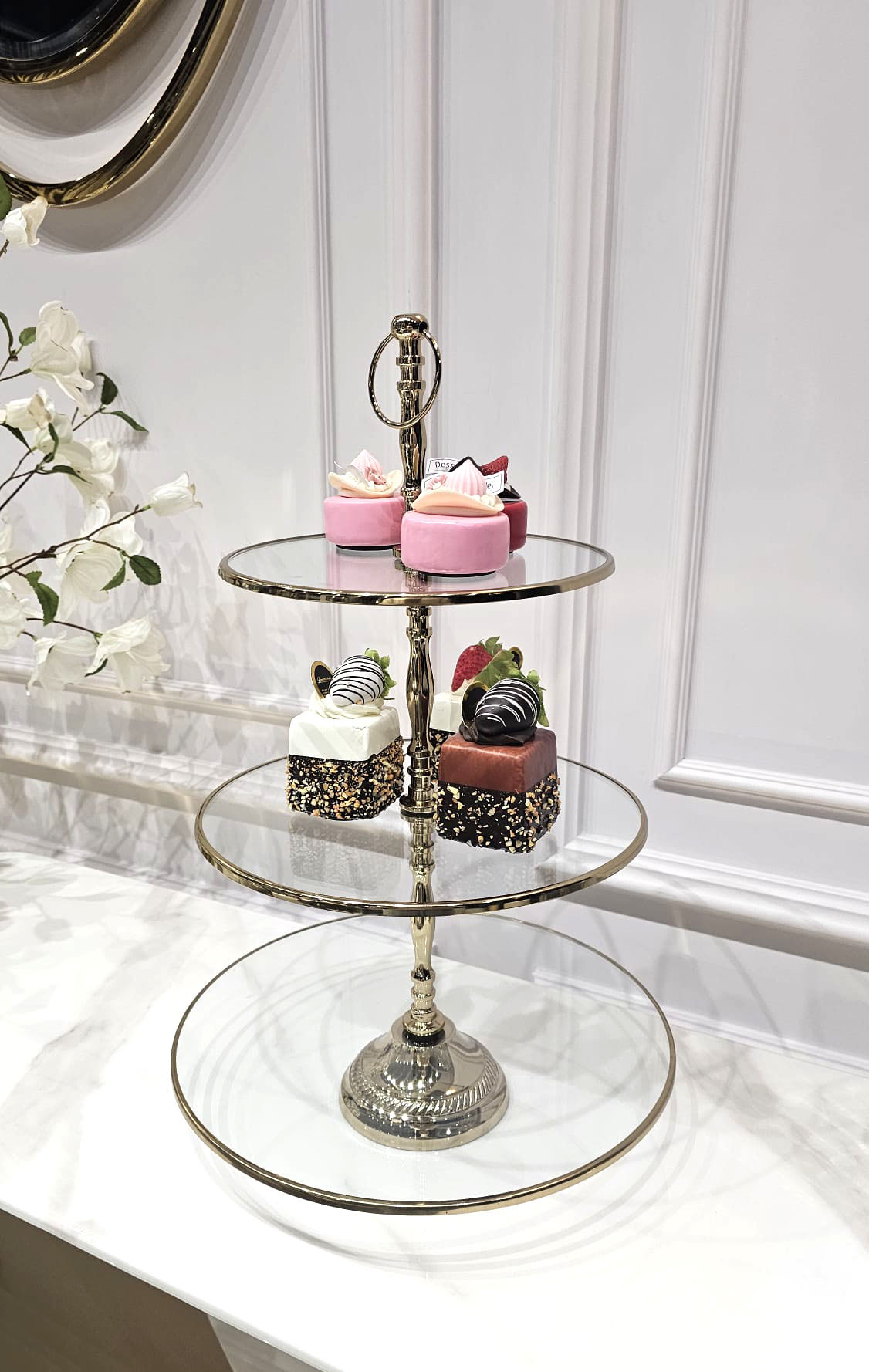 PATERA potrójna, okrągła, złota, szklana