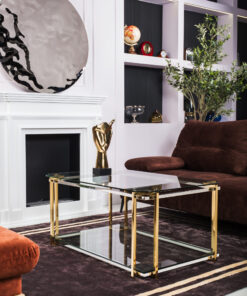 STOLIK KAWOWY/ŁAWA KAWOWA złota podstawa, srebrne elementy, szklany blat - duży