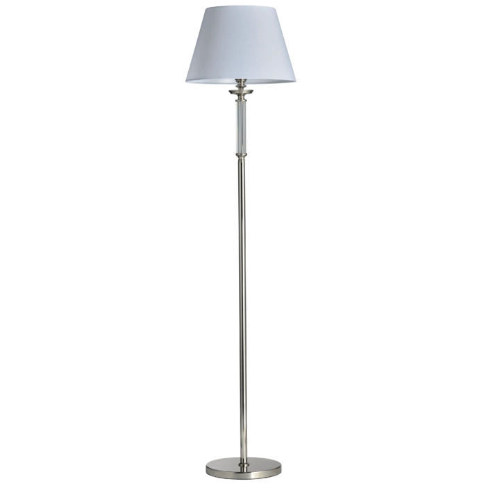 LAMPA PODŁOGOWA Siena niklowane wykończenie, kryształowe zdobienie, biały abażur, styl glamour, piękna