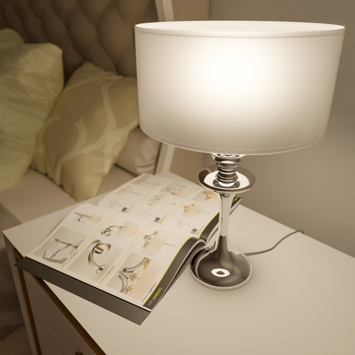 LAMPA STOŁOWA Abu Dhabi srebrna podstawa, biały abażur, styl Hampton, klasyczna LAMPA STOŁOWA Abu Dhabi srebrna podstawa, biały abażur, styl Hampton, klasyczna