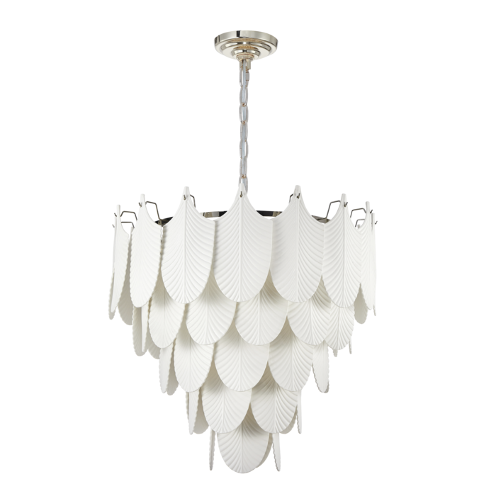 LAMPA WISZĄCA Palermo białe, ceramiczne liście, niklowana rama, ekskluzywna