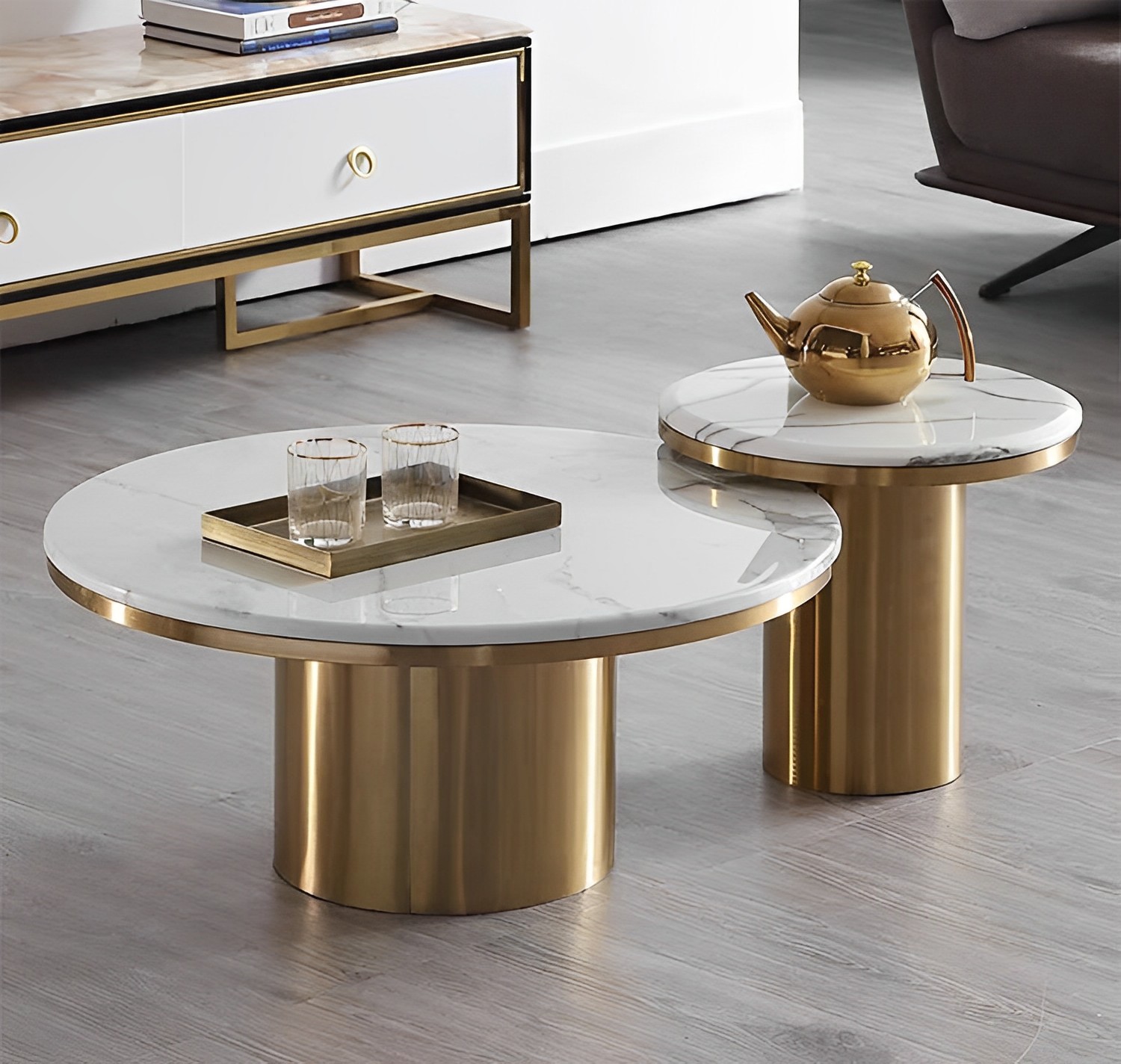 ŁAWA KAWOWA podwójna, konglomerat marmurowy, złota podstawa, okrągła, ekskluzywna ŁAWA KAWOWA podwójna, konglomerat marmurowy, złota podstawa, okrągła, ekskluzywna