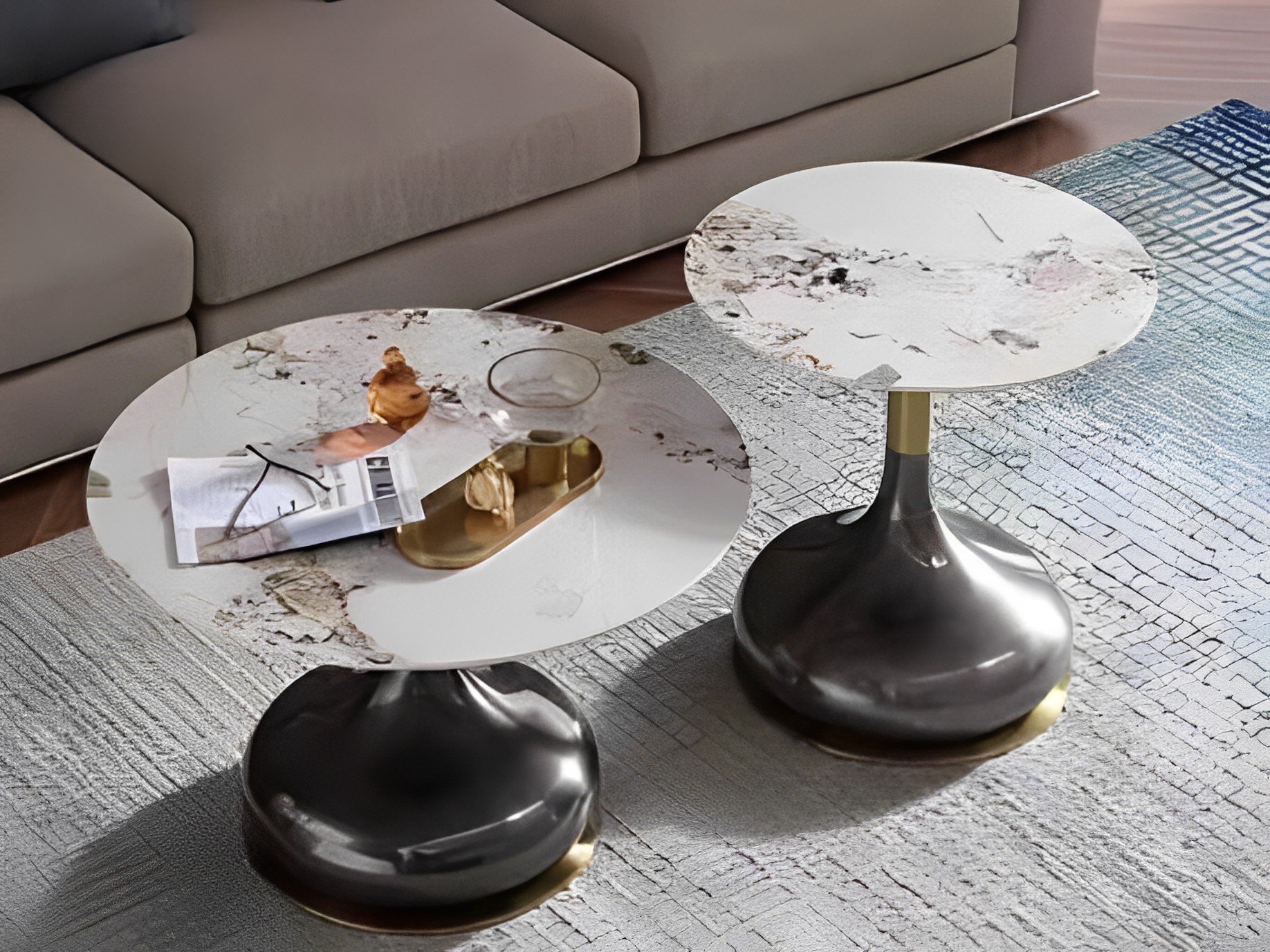 ZESTAW STOLIKÓW KAWOWYCH podwójne, kamienny blat, podstawa ze stali nierdzewnej ZESTAW STOLIKÓW KAWOWYCH podwójne, kamienny blat, podstawa ze stali nierdzewnej