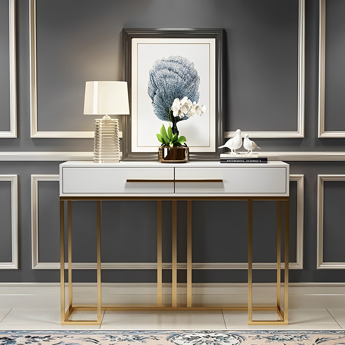 KONSOLA z dwiema szufladami, biały blat, złota szczotkowana podstawa, styl glamour, piękna KONSOLA z dwiema szufladami, biały blat, złota szczotkowana podstawa, styl glamour, piękna