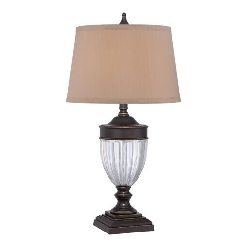 LAMPA STOŁOWA Dennison brązowa, ciemno beżowy abażur, elegancka, styl klasyczny