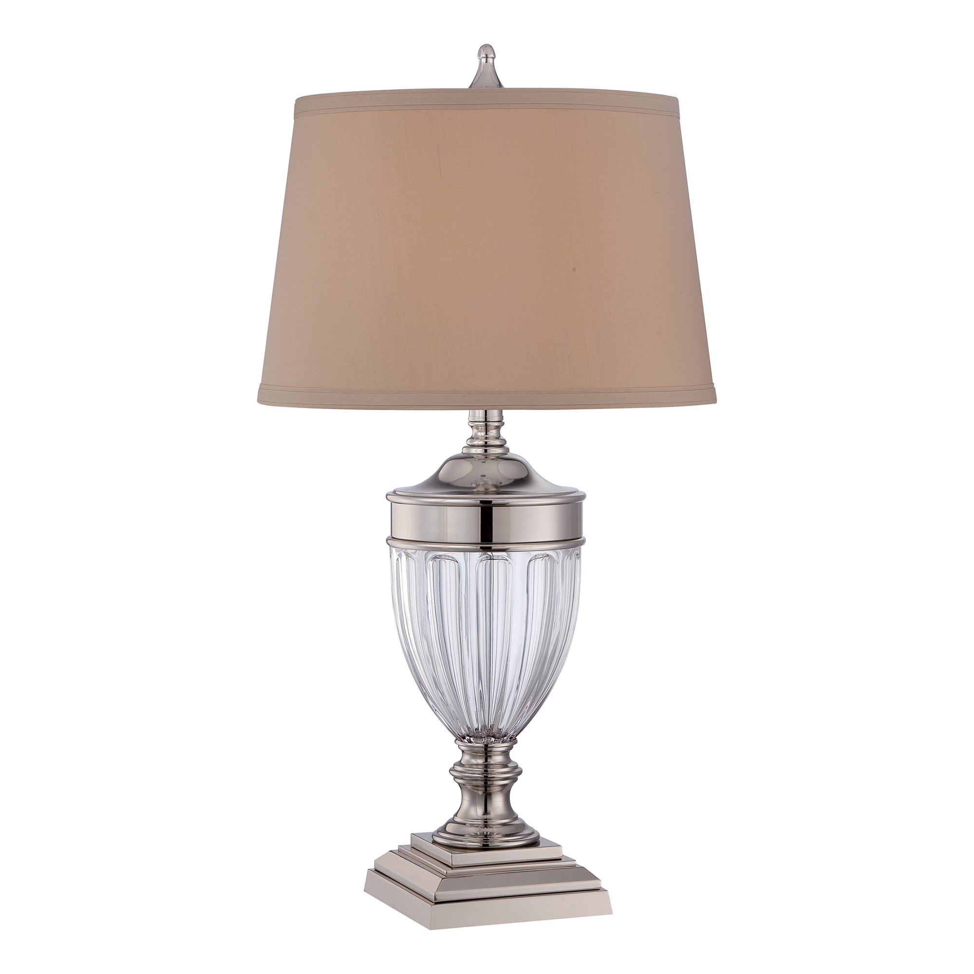 LAMPA STOŁOWA Dennison niklowane wykończenie, ciemno beżowy abażur, elegancka, styl klasyczny LAMPA STOŁOWA Dennison niklowane wykończenie, ciemno beżowy abażur, elegancka, styl klasyczny