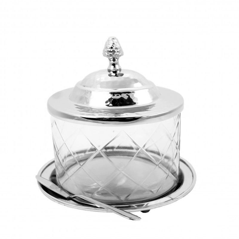 MASELNICZKA SZKLANA na niklowanej tacce, ze srebrna pokrywą i nożykiem MASELNICZKA SZKLANA na niklowanej tacce, ze srebrna pokrywą i nożykiem