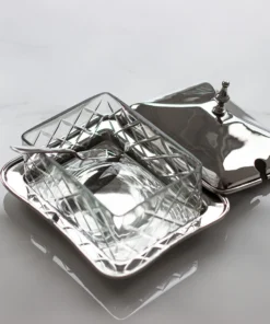 SZKLANA MASELNICZKA na niklowanej tacy, prostokątna, piękna