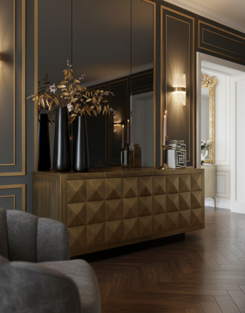 KOMODA Collada 3-drzwiowa, złota, piękny wzór, nowoczesny styl KOMODA Collada 3-drzwiowa, złota, piękny wzór, nowoczesny styl