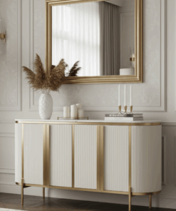 KOMODA biała ecru, złote elementy, ryflowane fronty,  nowoczesny styl