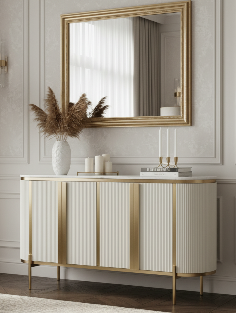 KOMODA biała ecru, złote elementy, ryflowane fronty, nowoczesny styl