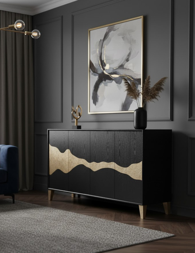 KOMODA czarna, złoty wzór w kształcie fali piasku, złote nóżki, nowoczesna