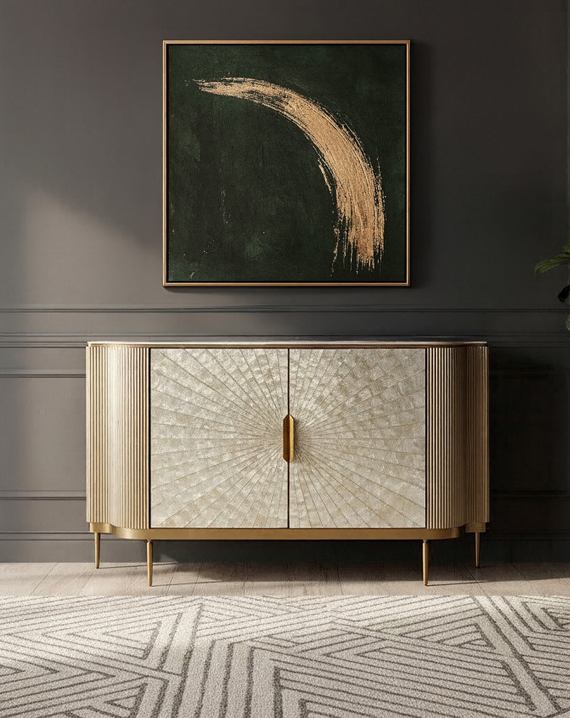 KOMODA szampańskie złoto, marmurowy blat, ryflowane fronty