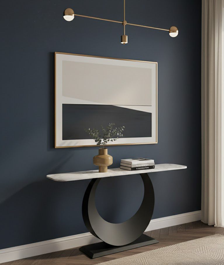 KONSOLA czarna podstawa, kształt księżyca, biały blat, nowoczesna, 120 cm