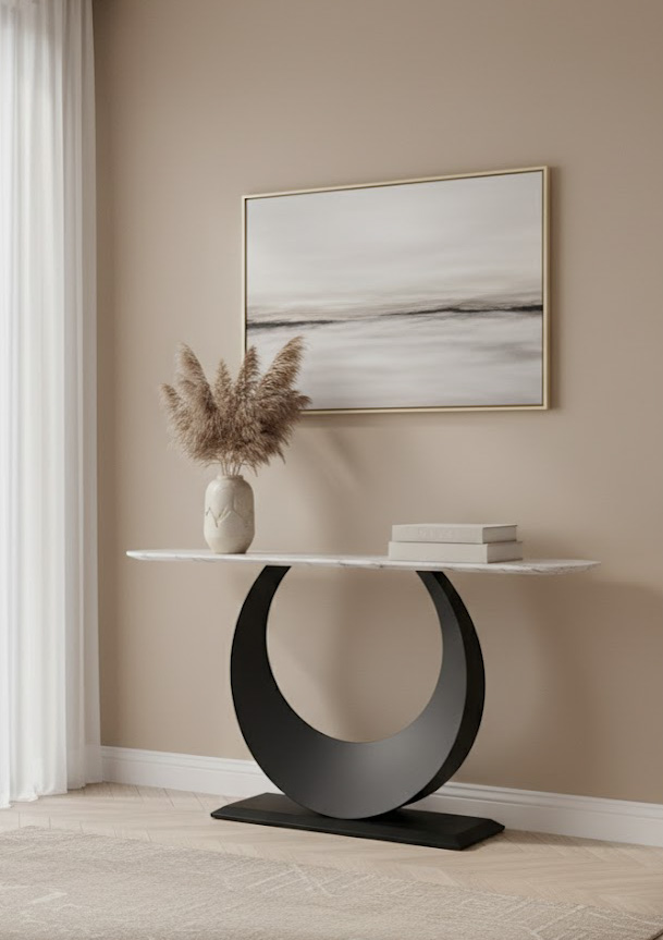 KONSOLA czarna podstawa, kształt księżyca, biały blat, nowoczesna, 150 cm