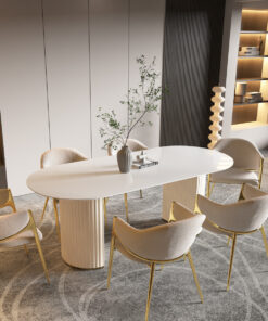 STÓŁ JADALNIANY owalny na ryflowanych nogach, biały ze złotymi detalami, nowoczesny