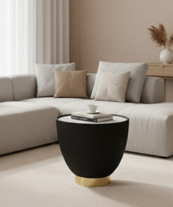 STOLIK KAWOWY w kształcie półkuli, czarno-złota podstawa, biały blat, nowoczesny