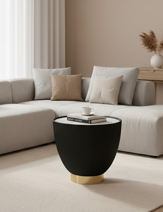 STOLIK KAWOWY w kształcie półkuli, czarno-złota podstawa, biały blat, nowoczesny STOLIK KAWOWY w kształcie półkuli, czarno-złota podstawa, biały blat, nowoczesny