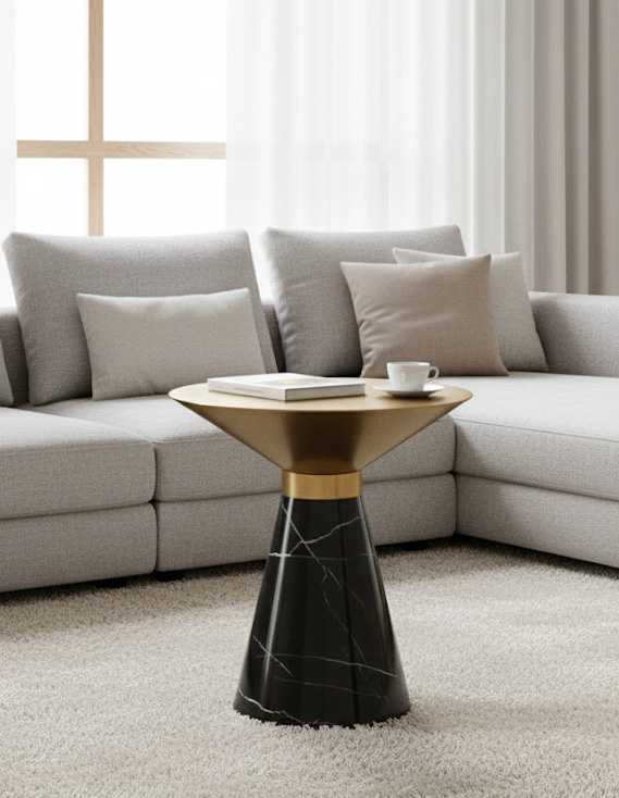 STOLIK POMOCNICZY stożkowa podstawa, złoty blat, nowoczesny styl