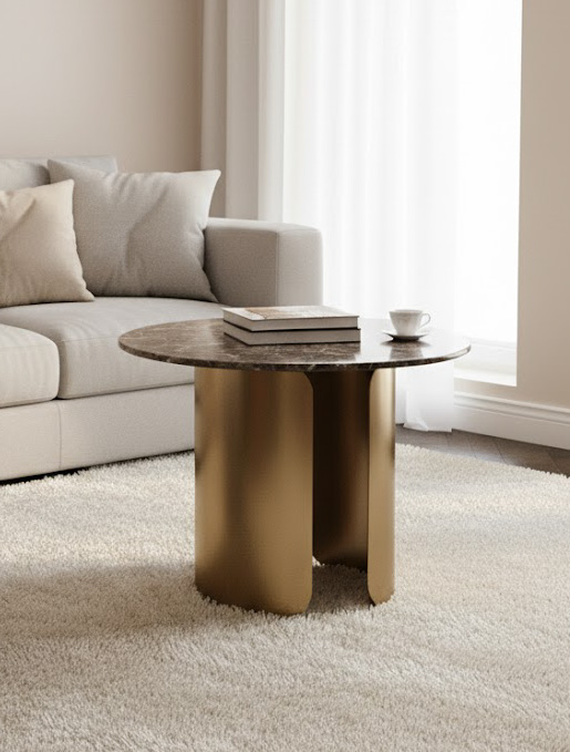 STOLIK POMOCNICZY złota podstawa, blat ze spieku kamiennego, nowoczesny