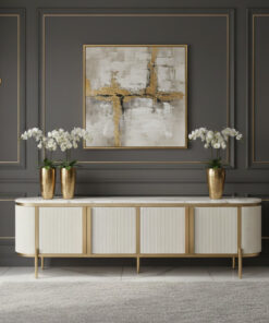 SZAFKA RTV biała ecru, złote elementy, marmurowy blat, nowoczesny styl