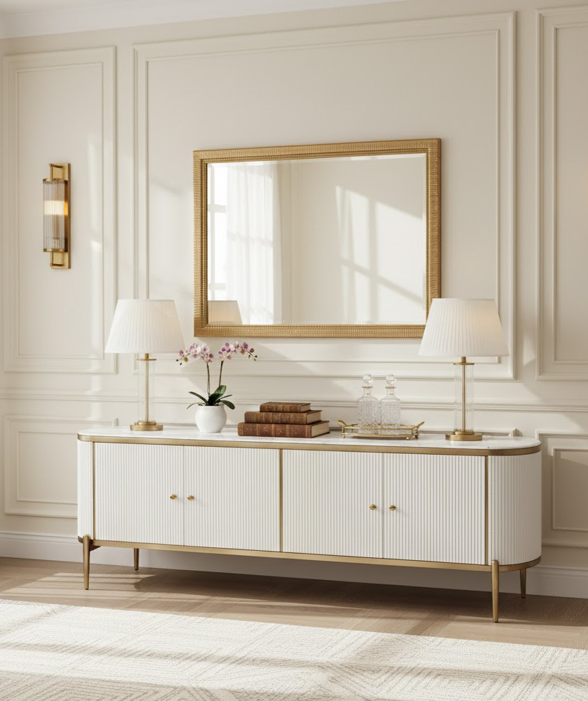 SZAFKA RTV biała, ryflowany front, blat ze spieku kamiennego, nowoczesny styl