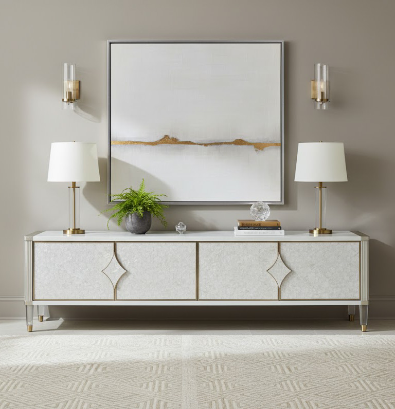 SZAFKA RTV szampańskie srebro, złote elementy, nowoczesny styl