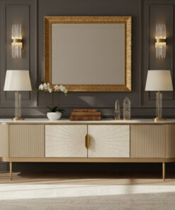 SZAFKA RTV szampańskie złoto, marmurowy blat, ryflowane fronty, nowoczesny styl