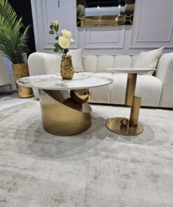 ZESTAW STOLIKÓW 2W1 złota, geometryczna podstawa, biało-złote blaty, nowoczesny