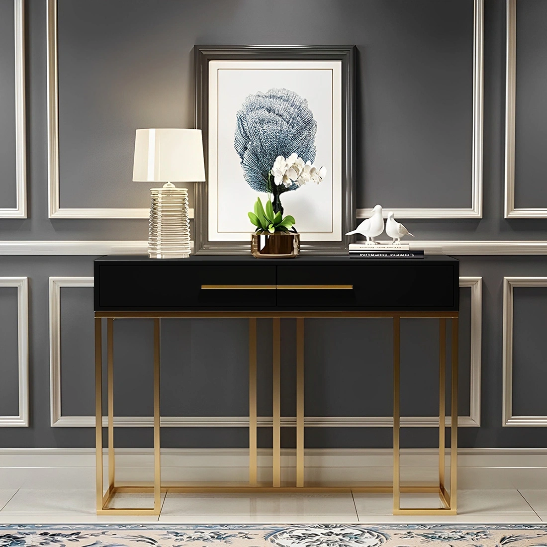 KONSOLA-z-dwiema-szufladami-czarny-polmatowy-blat-zloty-stelaz-styl-glamour KONSOLA-z-dwiema-szufladami-czarny-polmatowy-blat-zloty-stelaz-styl-glamour