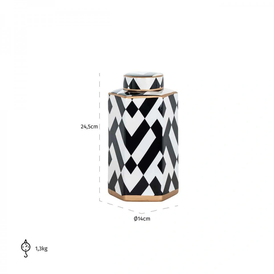 POJEMNIK WAZON z ceramiki, geometryczny czarno-biały wzór, miedziane detale 14 cm, wymiary