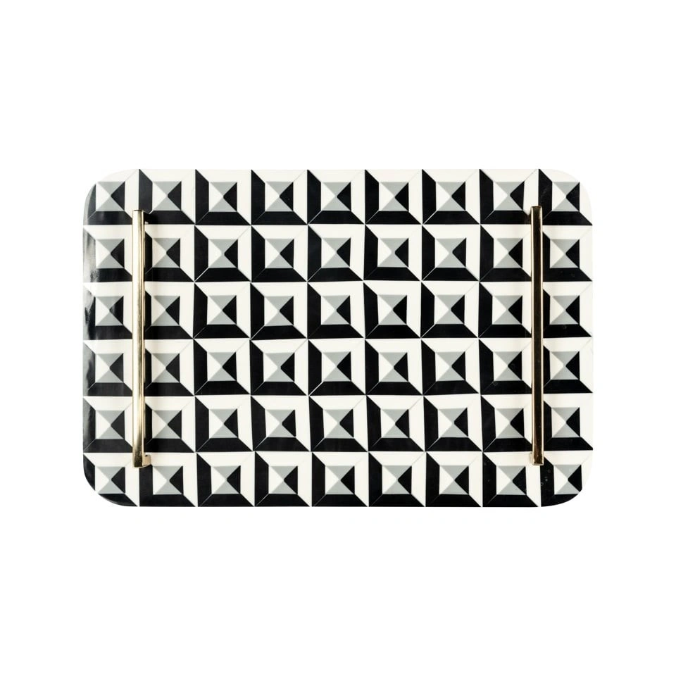TACA dekoracyjna, prostokątna z żywicy, geometryczny wzór, złote uchwyty, na przekąski TACA dekoracyjna, prostokątna z żywicy, geometryczny wzór, złote uchwyty, na przekąski