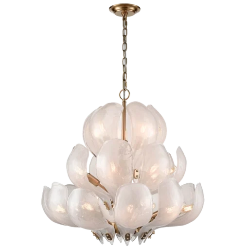 LAMPA WISZĄCA Cannes, mosiężny stelaż, szklany klosz w formie liści, modern classic, duża, piękna