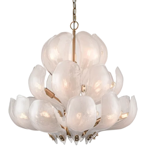 LAMPA WISZĄCA Cannes, mosiężny stelaż, szklany klosz w formie liści, modern classic, duża, wyjątkowa