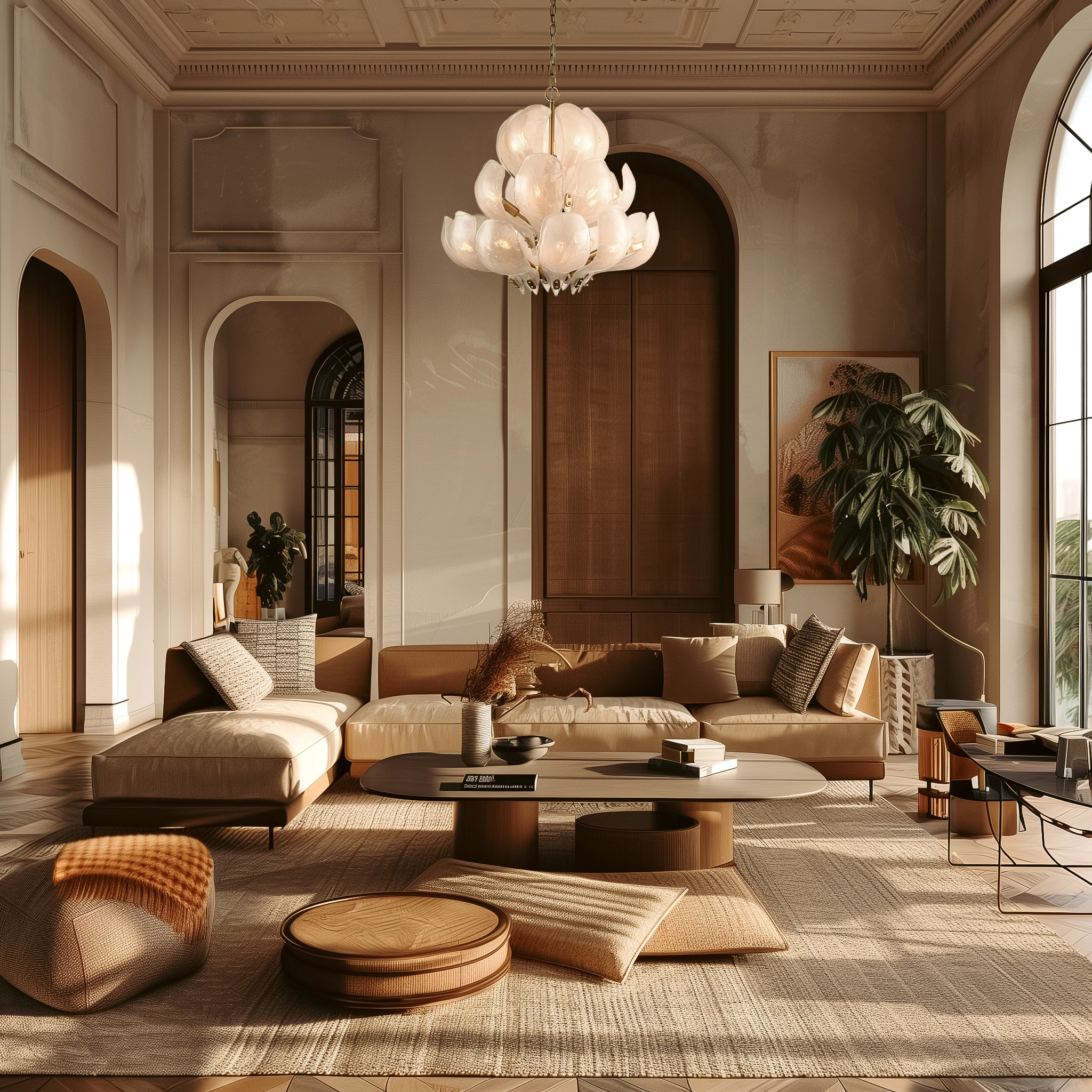 LAMPA WISZĄCA Cannes, mosiężny stelaż, szklany klosz w formie liści, modern classic, duża LAMPA WISZĄCA Cannes, mosiężny stelaż, szklany klosz w formie liści, modern classic, duża