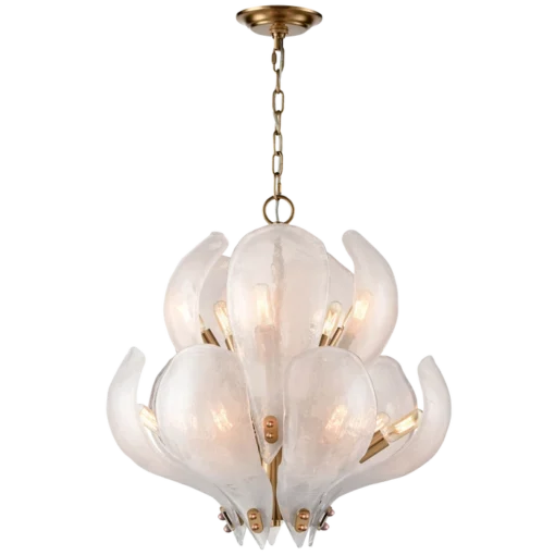 LAMPA WISZĄCA Cannes, mosiężny stelaż, szklany klosz w formie liści, modern classic, średnia, piękna