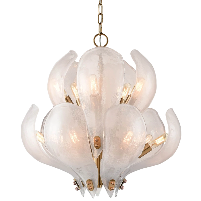 LAMPA WISZĄCA Cannes, mosiężny stelaż, szklany klosz w formie liści, modern classic, średnia, wyjątkowa