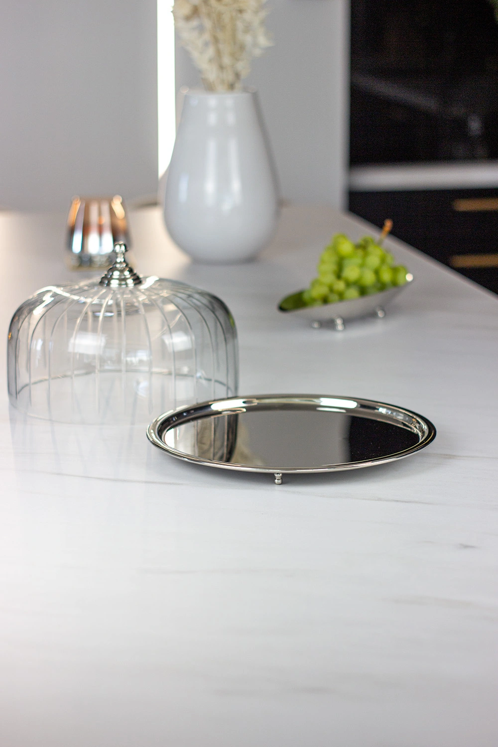 PATERA ze szklanym przykryciem, srebrna taca i uchwyt, klasyczny styl, dekoracyjna