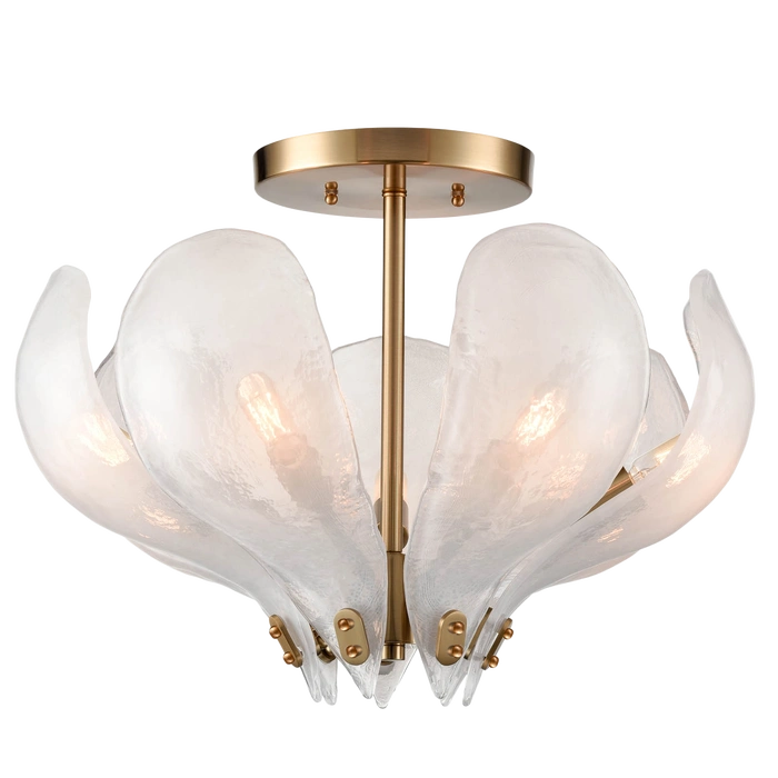 PLAFON Cannes z metalowym stelażem, mosiężny kolor, szklany abażur w kształcie liści, modern classic