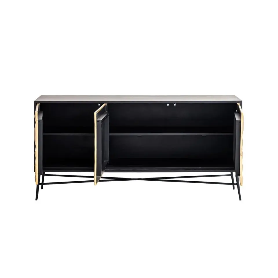 KOMODA na czarnych metalowych nogach, złoty geometryczny front, styl glamour, wyjątkowa KOMODA na czarnych metalowych nogach, złoty geometryczny front, styl glamour, wyjątkowa