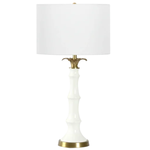 LAMPA STOŁOWA Loboc ceramiczna, biała podstawa, mosiężne, metalowe detale, stylowa, wyjątkowa