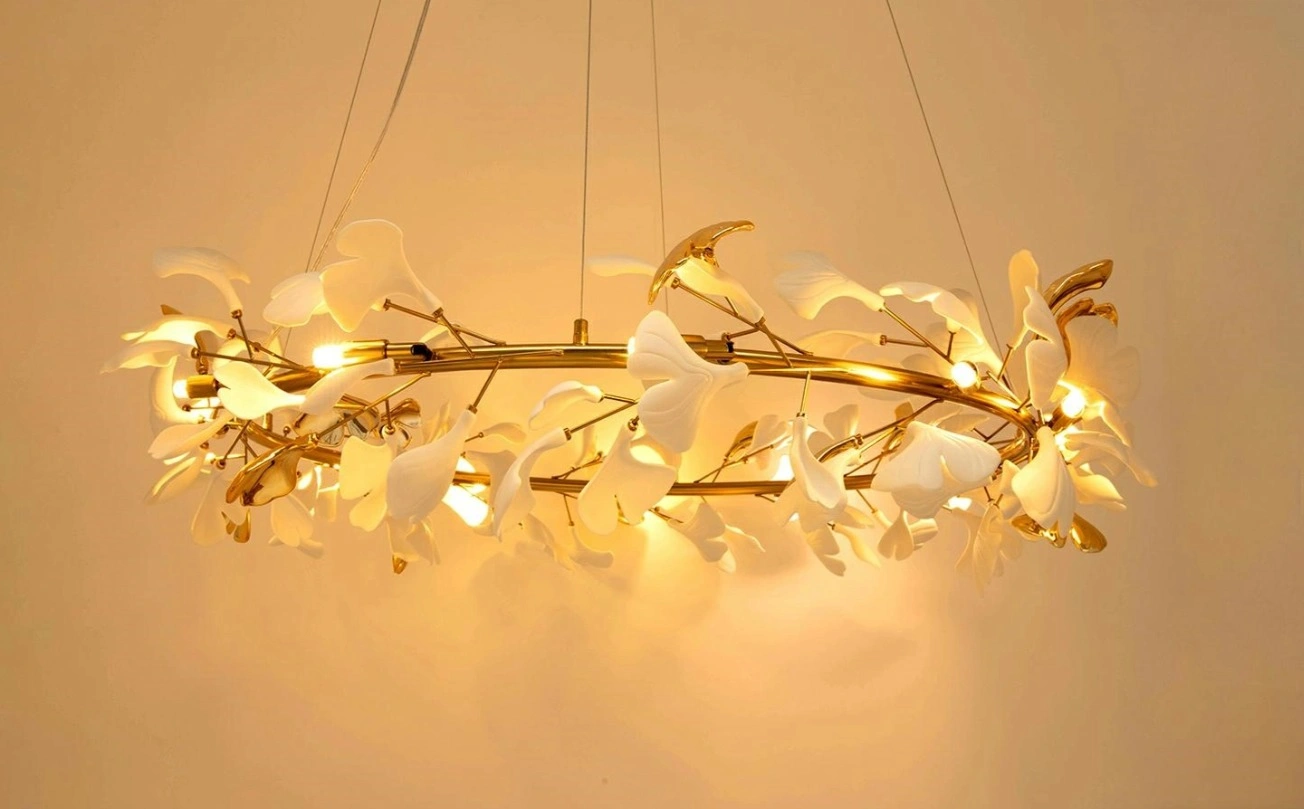 LAMPA WISZĄCA złoty stelaż, klosze w kształcie kwiatowych płatków, styl glamour 105 cm, ekskluzywna LAMPA WISZĄCA złoty stelaż, klosze w kształcie kwiatowych płatków, styl glamour 105 cm, ekskluzywna