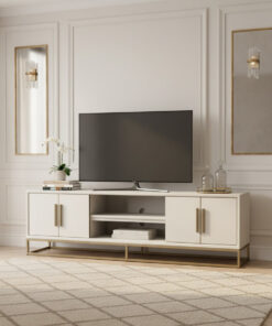 SZAFKA RTV beżowa z forniru dębowego, mosiężne detale, wyrafinowany styl