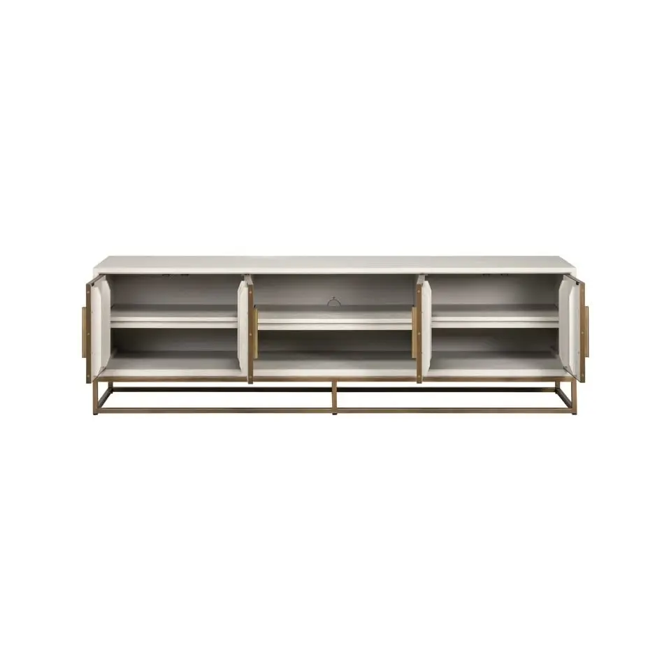 SZAFKA RTV beżowa z forniru dębowego, mosiężne detale, wyrafinowany styl, ekskluzywna