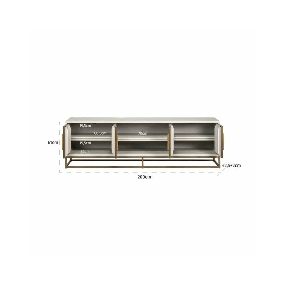 SZAFKA RTV beżowa z forniru dębowego, mosiężne detale, wyrafinowany styl, wymiary