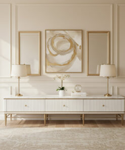 SZAFKA RTV biała ryflowana, złote metalowe detale, blat ze spieku kamiennego, nowoczesny styl